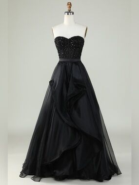 Strapless Black Beaded Ball Gown Dress